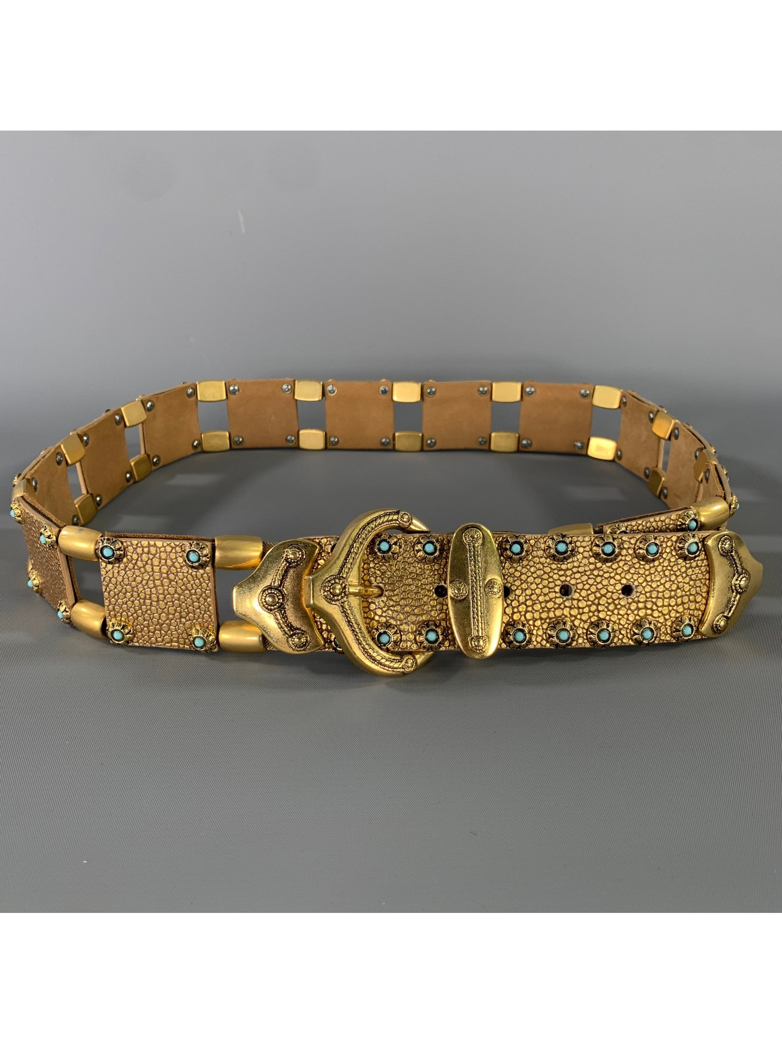 Nanni Waist Size 36 Gold Crackled Leather Trim Metallic Metal Belt